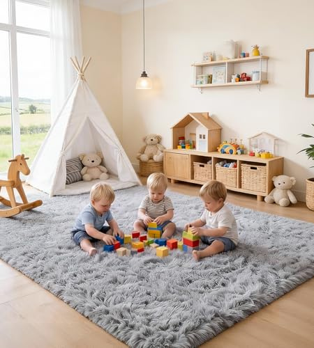 VOFUSHON Teppich Wohnzimmer 120 x 160 cm Grau | Hochflor, Waschbar, OEKO-TEX Zertifiziert, 35D Rückprallschaum, Schlafzimmer, Rutschfeste Unterseite, Flauschig