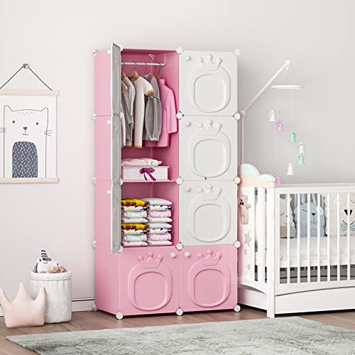 MAGINELS Armadio per bambini, organizer per armadio con porta, spazio per costumi da bambini aperto da appendere e 6 cubi, rosa (71 x 35,6 x 142 cm)