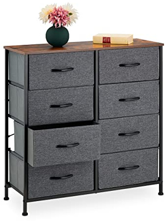Relaxdays Kommode Industrial, HBT 81,5 x 80 x 30 cm, 8 Schubladen, Stoff & Metall, Holzoptik, Flurschrank, grau/braun | 8 Schubladen, Stoff & Metall, Holzoptik, Flurschrank