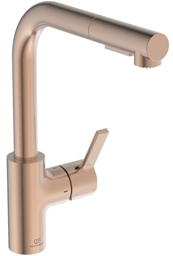 Ideal Standard – Gusto Küchenarmatur, Hoher L-Auslauf mit zylindrischem Querschnitt, mit 2-Funktionshandbrause, Schwenkbereich 360°, Schnellmontagesystem EasyFix+, Sunset Rose