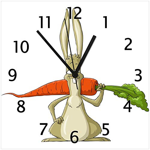 Wallario Design-Wanduhr Lustiger Hase mit Möhre im Comic Stil aus Glas, Motiv-Uhr Größe 30 x 30 cm, Schwarze Zeiger