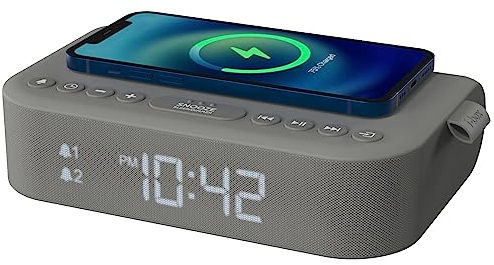 i-box Wecker mit kabelloser Aufladung, Nachttisch-Radiowecker Stereo-Bluetooth-Lautsprecher, kabellose QI-Aufladung mit USB-Ladeanschluss, Dual-Alarm, FM-Radio…