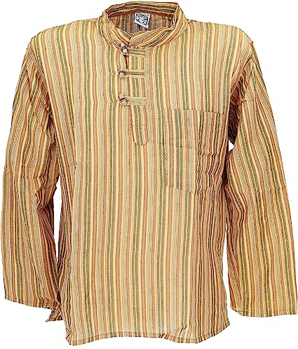 GURU SHOP Nepal fiskarskjorta, randig goa-hippie-skjorta, yogabyxor, män, bomull, Cider, S