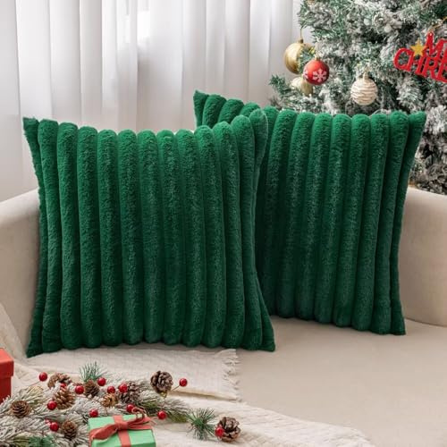 MIULEE 2er Set Kissenbezug 50×50cm Breitstreifen Plüsch Dunkelgrün | Polyester Plüsch Weich Kuschelig Pflegeleicht Dekorativ für Sofa Wohnzimmer Schlafzimmer Kinderzimmer und Gästezimmer