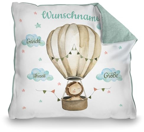 Print Royal PR Personalisiertes Kissen zur Geburt - Löwe im Heißluftballon - Geschenk zur Geburt mit Name und Geburtsdaten Personalisieren | 40 x 40 cm, Rückseite Pastellgrün