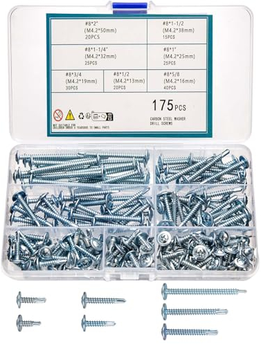 QOOSIKICC 175 Pcs Self Tapping Screws for Metal Wood & Plastic, Self Drilling Tek Screw Assortment Kit, Assorted Size Modified Truss Head Sheet Metal Screws, #8x2 to #8x5/8