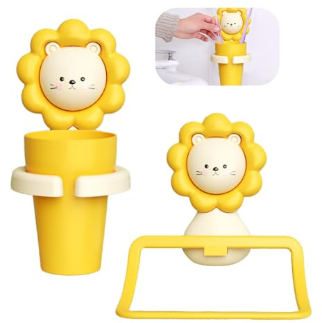 Tangger 2PCS Zahnbürstenhalter Kinder Kinderzahnbürstenhalter mit Tasse Handtuchhalter für Kinder zahnputzbecher mit zahnbürstenhalter Cartoon (Löwe)