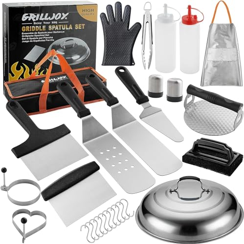 grilljoy Set Accessori Barbecue in Acciaio Inox, Kit Smash Burger, Set Barbecue con Set Spatole per Piastra e Smash Burger Press, 28 Attrezzi per Piastra Grill, Teppanyaki Grill, Regalo per Uomo