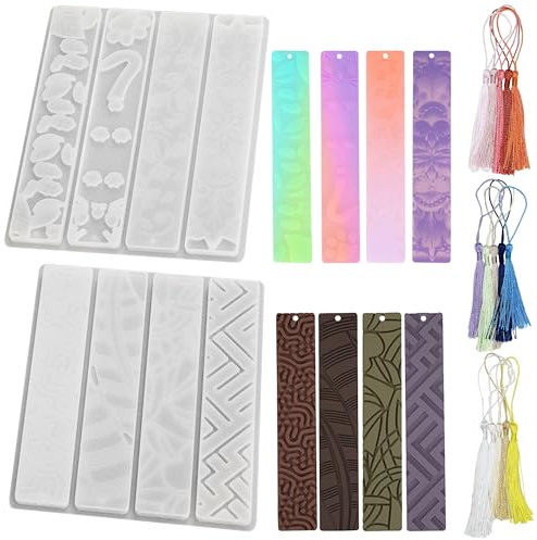 Attuslla 2 Stück Lesezeichen Resin Silikonform Lesezeichen Harz Formen Silikon Formen von Rechteckige Blätter Textur Blume mit Quasten für DIY Basteln Zubehör zum Lesen von Büchern