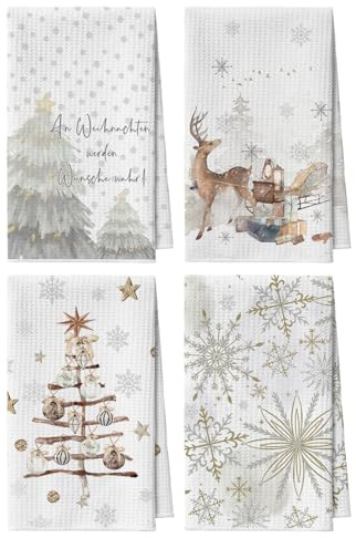 Artoid Mode Schneeflocken Bäume Geschenke Rentier Bar Weihnachten Küchentücher Geschirrtücher, 42x65 cm Mikrofaser Saugfähig Stern Küchen Deko 4er Set