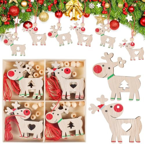 UieaMsio 20er Set Weihnachtsanhänger Rentier, 6 cm Holz Weihnachtsdeko Anhänger mit Rote Nase Rentier Baumschmuck, zum Hängen, Holzanhänger Weihnachten für Christbaumschmuck