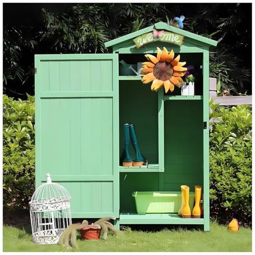 Outdoor tool shed, Wooden Garden Storage Cabinet Lean-to Roof,Utility Tool Organizer, Outside Single door Storage Shed(Green)