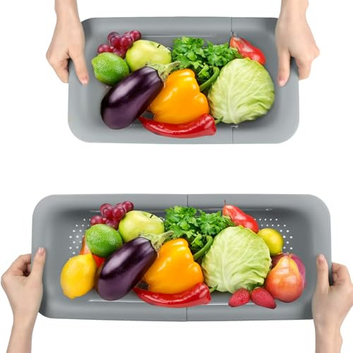 Minicoco 2Pcs Sink Strainer Basket Extendable, Multifunctional Drain Basket Vegetable Fruit Washer, Drain Cooked Pasta, Tableware Pasta Drain Basket (Grey)