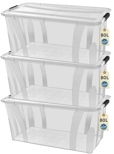 Aufbewahrungsboxen mit Deckel, 7L 14L 21L 32L 55L 80L Plastik Boxen Klickverschluss Stapelboxen 1er/3er Sets, BPA-frei, Transparent - Küche & Haushalt & Block (3er Set 80 Liter & 1x HLKauf-Block)