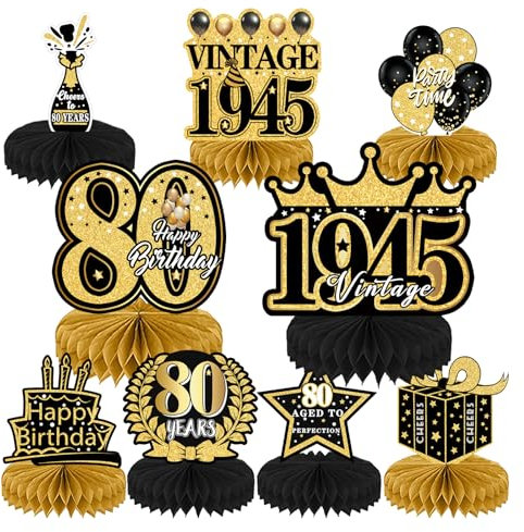 80th Birthday Decorations 9 pcs Birthday Table Decoration Black and Gold Party Supplies Honeycomb Centerpieces Cake Toppers for Women Men for Eighty Years Birthday Party Dinner Table Topper