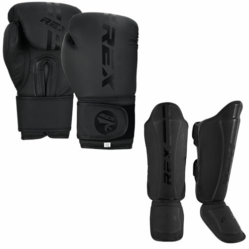 Rex Boxing Gloves, Pro Training Sparring Shin Guards for Kickboxing, Muay Thai, MMA and Training Pads and gloves set, Boxing shin pad Matt Black (Gloves Size 16 oz, Shin Size L)