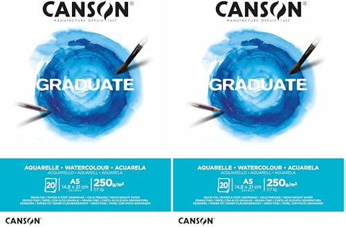 Canson Graduate Aquarelle, album collato lato corto,grana fine,A5,20 fogli,250 g/m, bianco (Confezione da 2)
