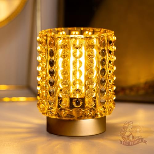 MJ PREMIER Battery Operated Lamp, Small Cordless Lamp with Timer, Yellow | Crystal Glass Lampshade, Small Table Lamps for Area No Plug, Decorative Led Light for Bedroom Living Room Shelf