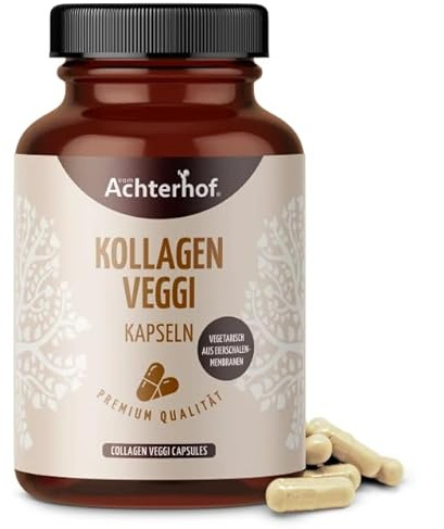 Kollagen Veggi Kapseln (120 Kapseln) | vegetarisches Kollagen aus Eierschalen | mit 270 mg Protein, 9 mg Hyaluronsäure, 75 mg Elastin und 20 mg Vitamin C | für 120 Tage | vom Achterhof