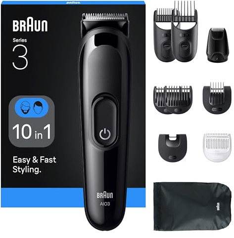 Braun All-in-One Series 3 Grooming Kit, 10in1, Ultra Sharp Blade, 14 Längder, Precis Trimning, Ansikte & Hår, 50 min Drifttid, Enkel & Snabb Styling, AIO3560, Svart