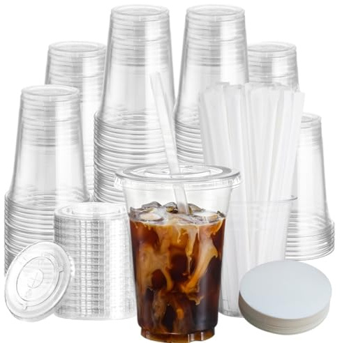 MEETOZ 50 Sets 16 oz Cups with Lids, Re-usable Takeaway Cups | with Flat Lids and Paper Straws, Perfect for Iced Coffee, Milkshake, Slurpee, Ice cream