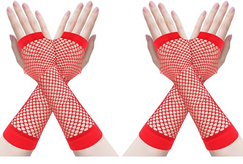 ZTVOWTO 2 Paar Fingerlose Netzhandschuhe, 80er 90er Fischnetz Handschuhe für Halloween, Weihnachten, Kostümpartys und Cosplay Zubehör(Lang Rot)