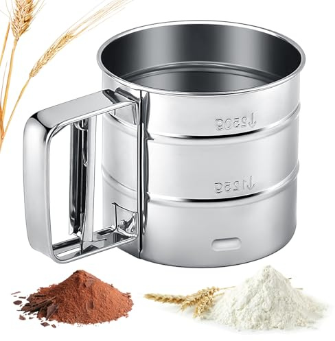 Flour Sifter for Baking, Fine Mesh Flour Sieve Strainer, Hand Press Crank Flower Sifter Baking Powder Strainer, Powder Sieve Quick Sifting