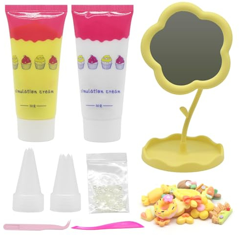 Kit de Pegamento de Arcilla, Pegamento Crema Para Manualidades,Simulación de Crema, Conjunto Mixto Resina, Espejo de Flores Hecho a Mano