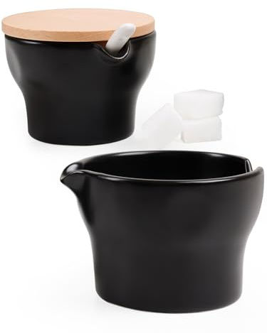 Autumnlife Milch und Zucker Set aus Keramik, Schwarz Milchkännchen & Zuckerdose mit Holzdeckel und Löffel, Stapelbar Milchbeh älter und Zuckerbehälter Set für Küche & Kaffee