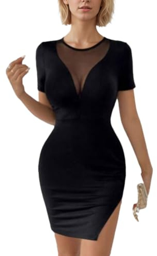 EMOTTOS Mini-Robes en Maille pour Femme, Robe Portefeuille à Manches Courtes Transparente avec Ourlet Fendu, Robe Moulante en Dentelle Ajustée pour Sortir en Boîte de Nuit, Noir, S