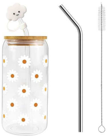 Nymora Cute Glass Tumbler with Straw and Lid, Daisy Design Iced Coffee Cup, Aesthetic Drinking Glass with Straws & Straw Cover, Coffee Lover Gifts for Women Girls