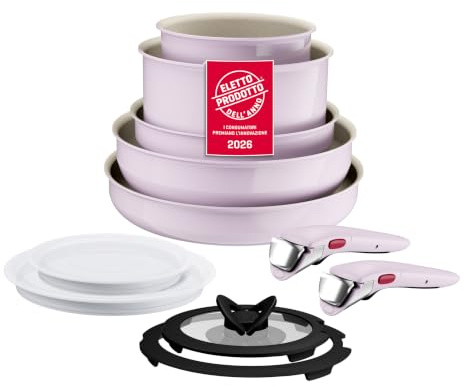 Lagostina Ingenio Pastel, Set di Padelle Antiaderenti 11 Pezzi con Manico Rimovibile, Compatibili con Induzione e Forno, Design Salvaspazio, Colore Rosa