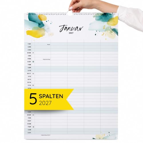 heaven+paper Familienkalender 2027 5 Spalten Kunst Kalender 2027 groß A3 | Familienplaner 2027 mit Feiertagen, Schulferien, KW, Mondphasen - Wandplaner 2027 für 4 bis 5 Personen, made in Germany