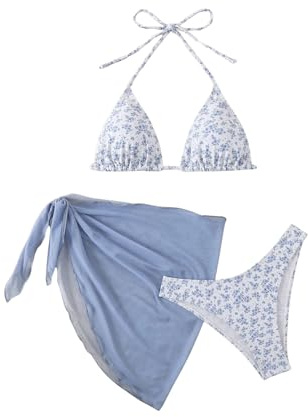 GORGLITTER Women's Halter Neck Bikini Sets Triangle Bikini Set with Coverup | Cute Sexy Style, Hipster Bikini Bottom, Triangle Bikini Top, Ditsy Floral Sarong Swim Suits for Beach