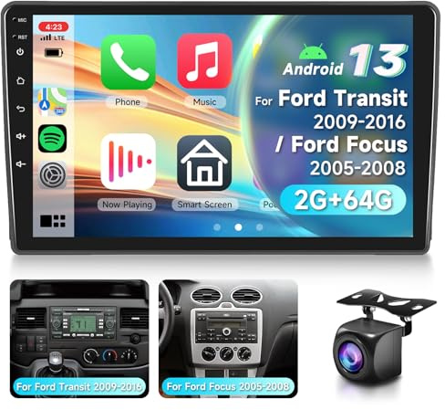 2G&64G 9 Radio de Coche para Ford Transit 2009-2016/ Ford Focus 2005-2008 con Carplay Android Auto,Bluetooth Radio RDS/FM,Mirror Link,navi WiFi,cámara de visión AHD
