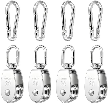 Umlenkrolle Seilwinde, 304 Edelstahl, M20, Schwenkbar, Flaschenzug Klein, 75 kg Tragkraft, 4 Stück, mit 4 M6 Karabiner, für Sonnensegel und Fitness