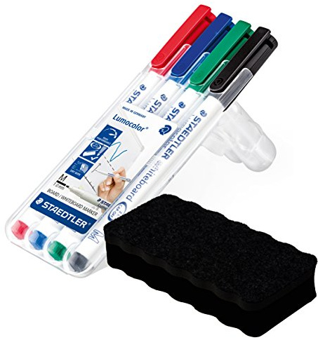 Staedtler Lumocolor Whiteboard-Marker, Rundspitze ca. 1 mm Linienbreite, Set mit 4 Farben, hohe Qualität, trocken und rückstandsfrei abwischbar von Whiteboards (+ Whiteboardlöscher, schwarz)