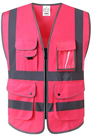 XIAKE Unisex 9 Taschen Warnweste Hohe Sichtbarkeit Weste Reflektierende EN ISO 20471 Standards mit Reißverschluss Rose M