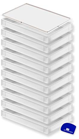 Pizzaballenbox (60 x 40 x 7,6 cm) inkl. Teigschaber, optional mit Deckel, Pizzateigbehälter für Pizzateig, Stapelbehälter, Teigwanne, Gärbox, Teigbox (10x Box mit 1 Deckel)