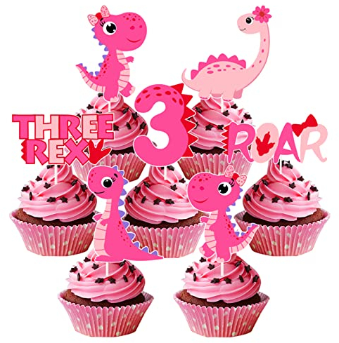 Dinosaur Cupcake Toppers pour fille, Fournitures de fête d'anniversaire de dinosaures Fille 3, Rose Baby Girl Cake Topper ROAR Trois Rex Number 3