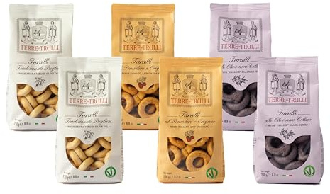 Terre Dei Trulli Taralli Pugliesi Assortiti Con Olio Evo, Al Pomodoro E Origano E Alle Olive Nere Celline - 6 Confezioni Da 250g | Taralli Artigianali | Snack Salati Per Un Aperi Snack Genuino
