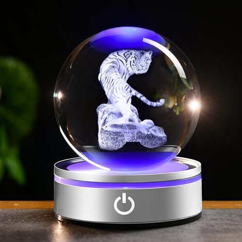 IFOLAINA 3D Tiger Statue Crystal Ball Light White Tiger Ornaments Gifts for Women Glass Stuff Animals Figurines for Home Living Room