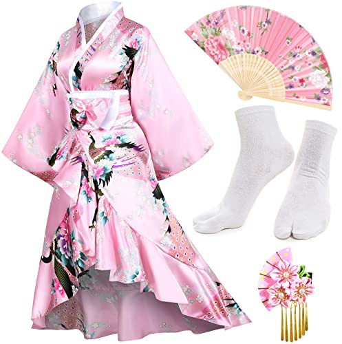 Kimono-Set für Damen, Geisha-Yukata mit Smoking-Rüschen, Satin-Bademantel und Nachtwäsche mit Blütenmuster, inklusive Fächer und Tabi-Socken
