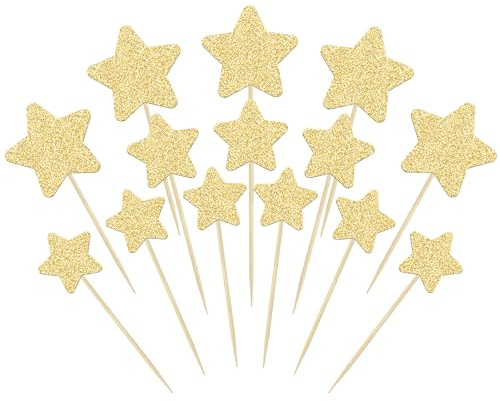 Gyufise 42Pcs Star Cupcake Toppers Gold Glitter Assembled Twinkle Star Cupcake Picks Wedding Engagement Bridal Shower Birthday Party Cake Decorations Supplies Mixed Size