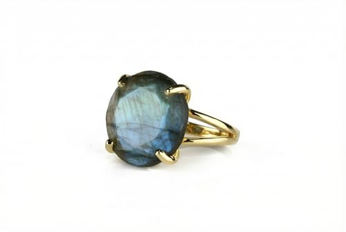 Bague En Or 14 Carats Pour Femme - Bague Ronde En Labradorite Avec Anneau En Or 14 Carats - Belle Bague En Pierre De Déclaration Faite À La Main - Gravure Disponible - Boîte-Cadeau Gratuite.
