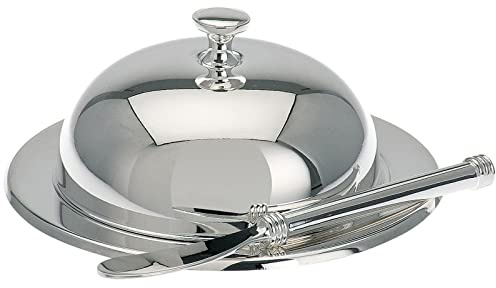 H.Bauer jun. Mantequera decorativa redonda bañada en plata, diámetro de 12 cm, con inserto de cristal, juego de 2 piezas, incluye cuchillo de mantequilla
