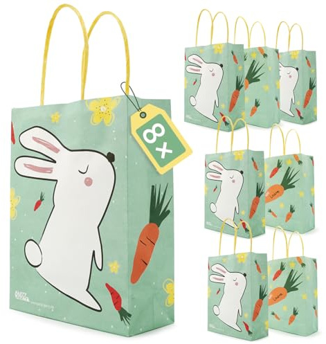 PARTY PARTY 8 Hase Geschenktüten mit Henkel, 19 x 15 cm, Osterkorb Osternest zum Befüllen, Mitgebsel, Geschenktasche Kindergeburtstag Junge Mädchen, Osterhase, Ostertüten, Osterdeko