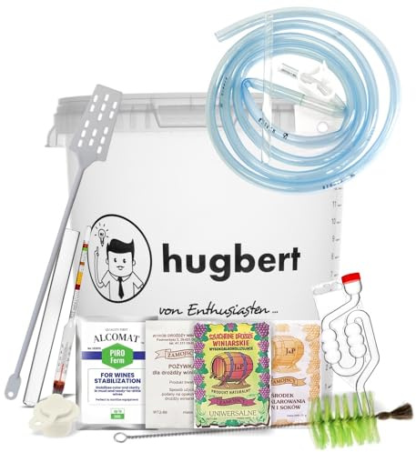Hugbert Weinset ZAMOJSCY-Box-L Weinhefe | Alkohol Hefe | Gärbehälter 15/17L | Gärröhrchen | Dichtgummi | Weinmessgerät | Schlauch | Flaschenbürste | Rührer aus Plastik