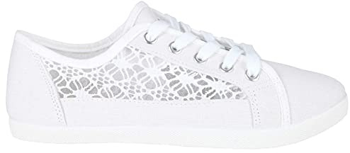 Generation-Plus+® Women's Canvas Plimsolls Soft Lightweight Lace Embroidered Sneaker Shoes - Ladies Summer Beach Pumps Fashion Trainers Casual Flat Shoes (White, UK 4)