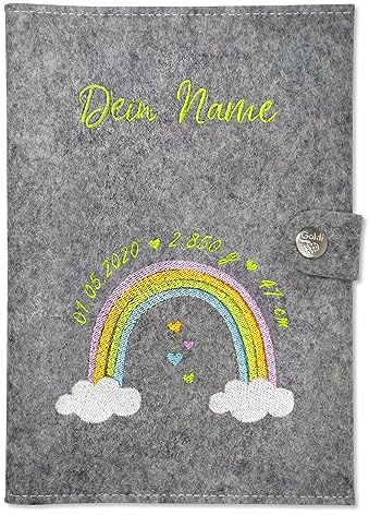 U Heft Hülle und Impfpass Personalisiert - Regenbogen Wolke - 2 Innenfächer - Druckknopfverschluss mit Logo - grau meliert